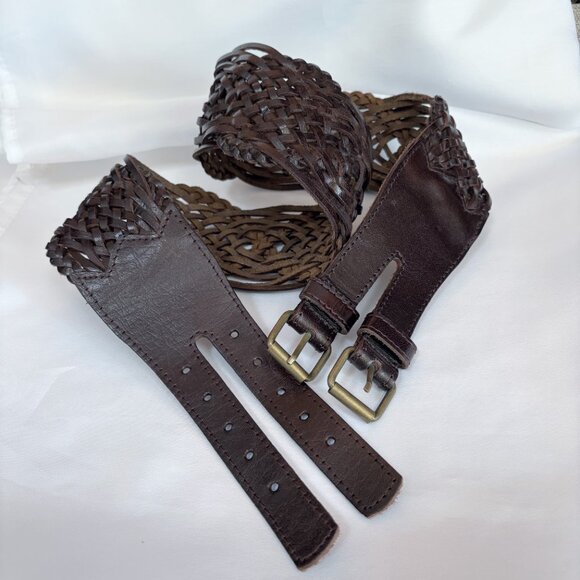 Woven Real Leather Double Buckle Belt Hippie Boho Festival Brown Extra Wide Sz L main image 4
